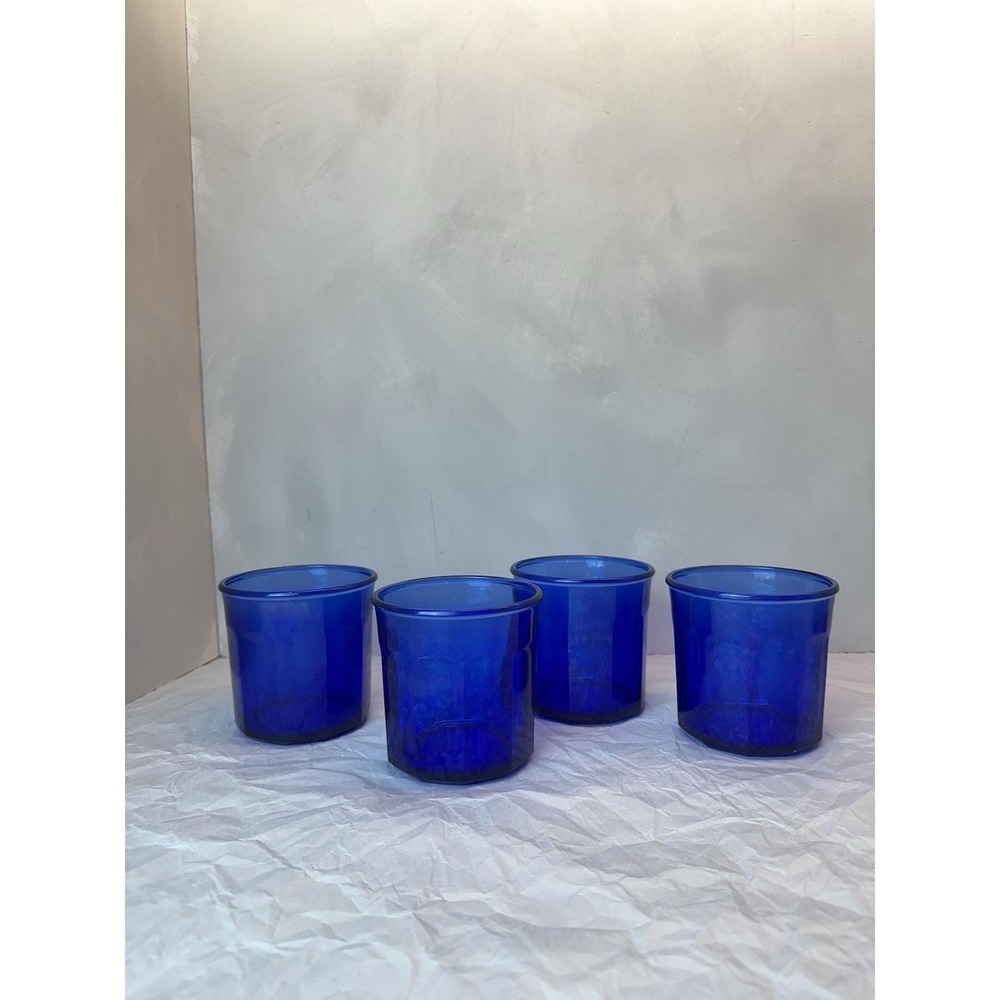 Vintage Luminarc Arcoroc France Cobalt Blue Jam Jar Drinking Glass Set/4 500ml